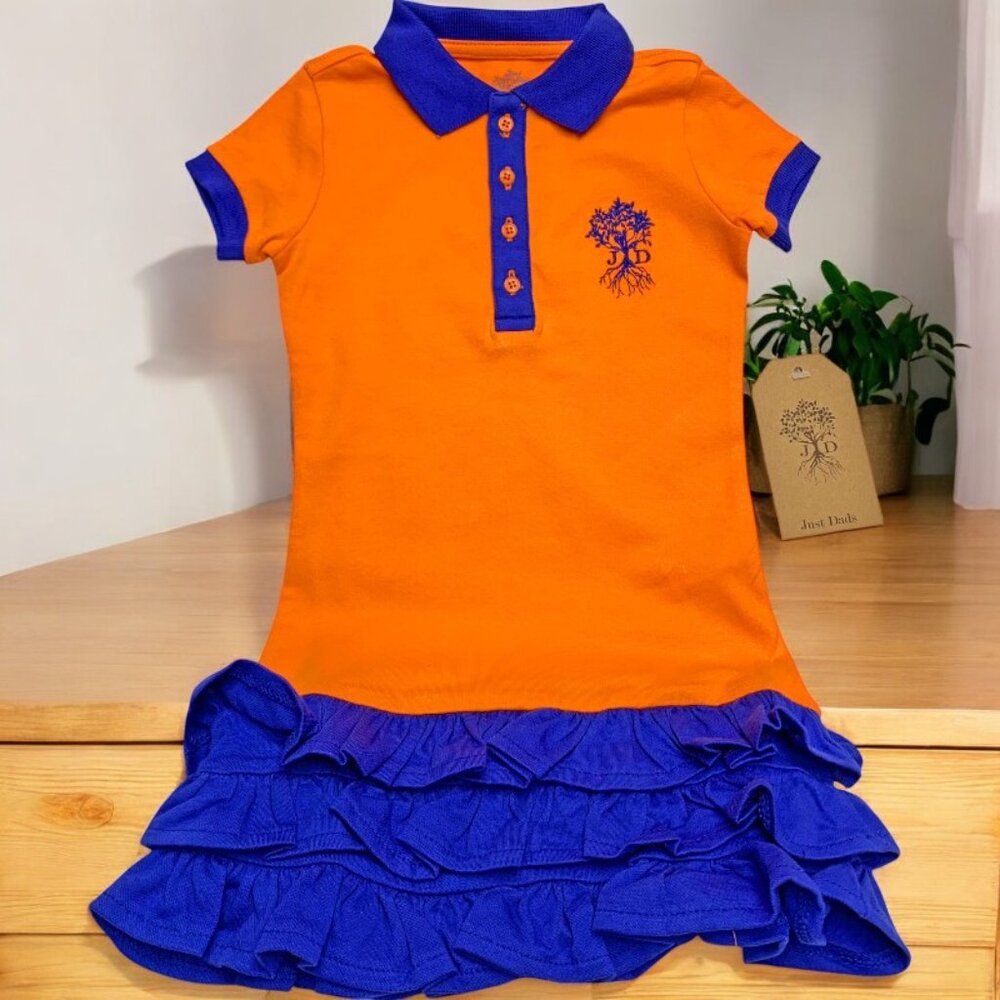JD Just Dads Orange with Blue Cotton Ruffle Polo Dress